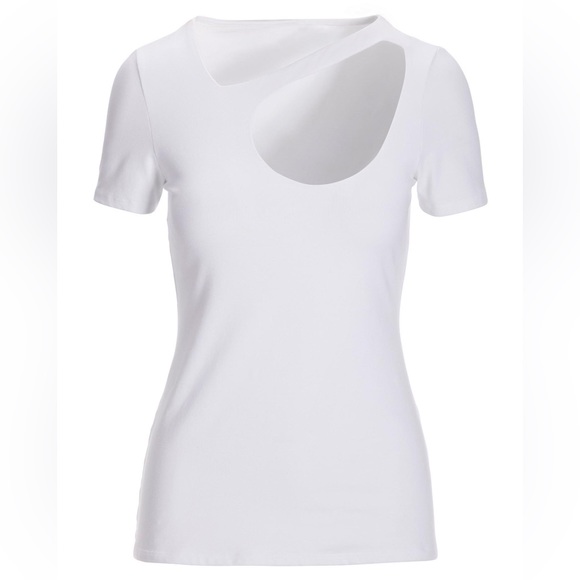 🌹Firm Price🌹Boston Proper Wide Cutout Short-Sleeve Knit Top size M White - Picture 2 of 9